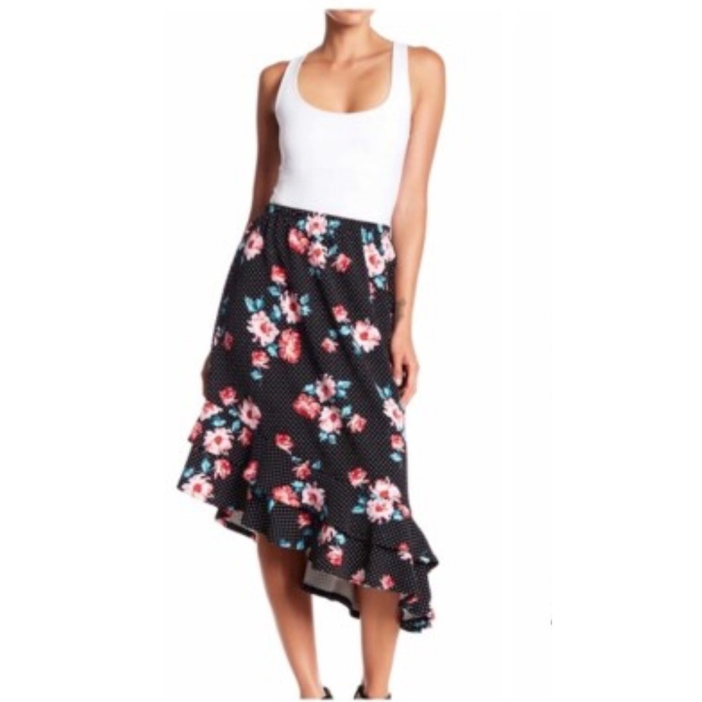 Bobeau Black Floral Polka Dot Ruffle Hem Midi Skirt Small